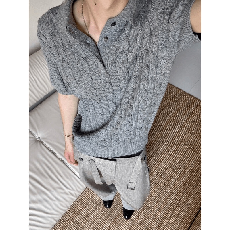 American Retro Twist Knit Polo Shirt Short-Sleeve Men's Summer Old Money Style Regular Shoulder T-Shirt Cleanfit Half-Sleeve