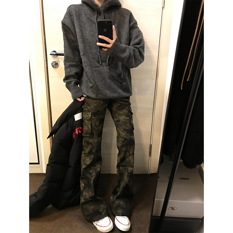 American Retro Camouflage Flared Cargo Pants for Men, Spring and Autumn Vibe High Street Pants, Cleanfit Slim-Fit Jeans