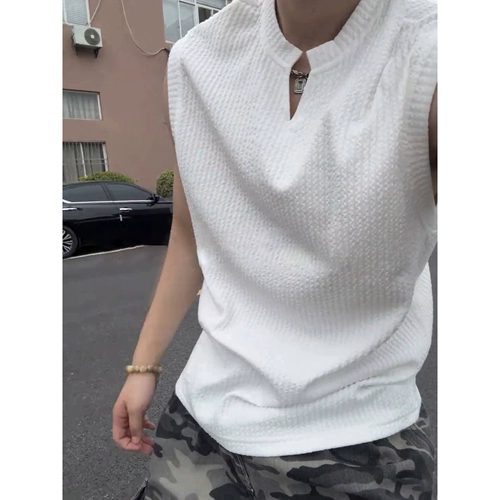 Белая летняя майка, шелковая футболка без рукавов, жилет для спортзала, V-образный вырез, в американском стиле