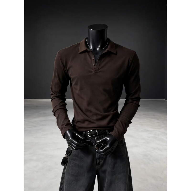 Brown American-Style Henry Collar Regular Shoulder Polo Shirt for Men, Autumn Slim Fit Waist-Cinching Long-Sleeve T-Shirt, Inner Layer Base Shirt Brown American-Style Henry Collar Regular Shoulder Polo Shirt for Men, Autumn Slim Fit Waist-Cinching Long-Sleeve T-Shirt, Inner Layer Base Shirt