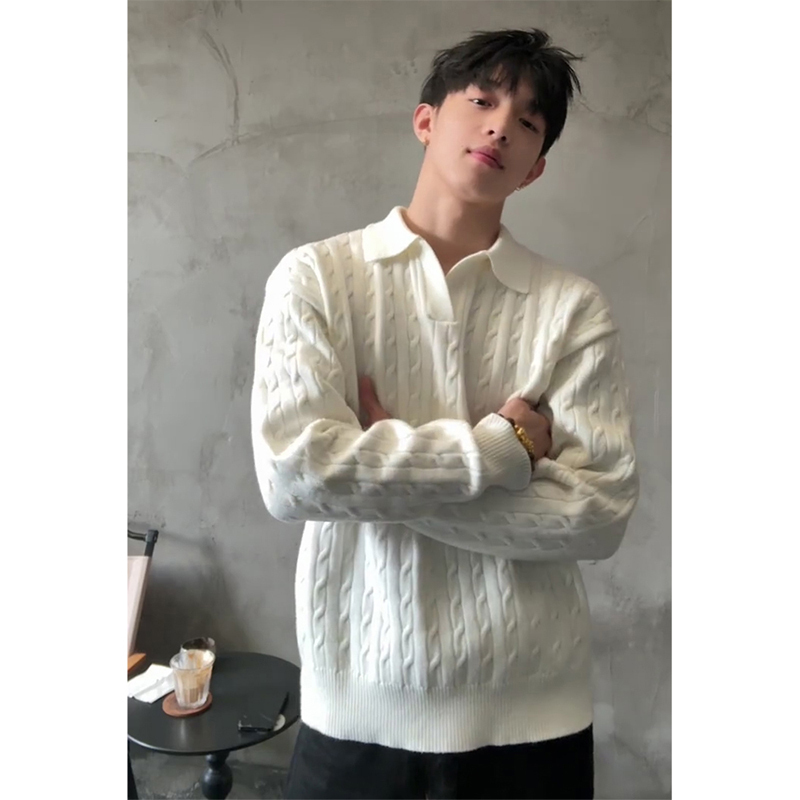 White Seagull Collar Cable Knit Sweater for Men, Autumn and Winter Old Money Style Warm Pullover Sweater, Inner Layer Polo Shirt