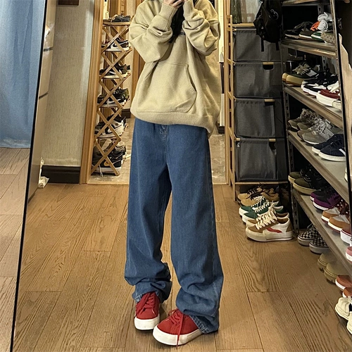 Штаны, синие джинсы, в американском стиле, свободный прямой крой