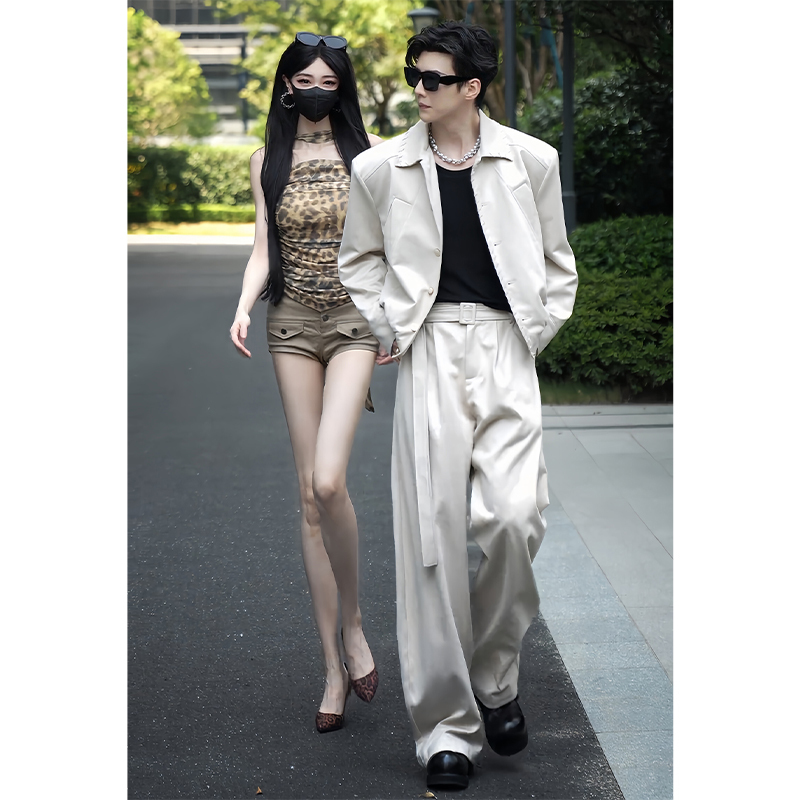 American Retro Suede Short Jacket with Drapey Wide-Leg Scimitar Pants Men's Suit Cool and Stylish Outfit Complete Set American Retro Suede Short Jacket with Drapey Wide-Leg Scimitar Pants Men's Suit Cool and Stylish Outfit Complete Set
