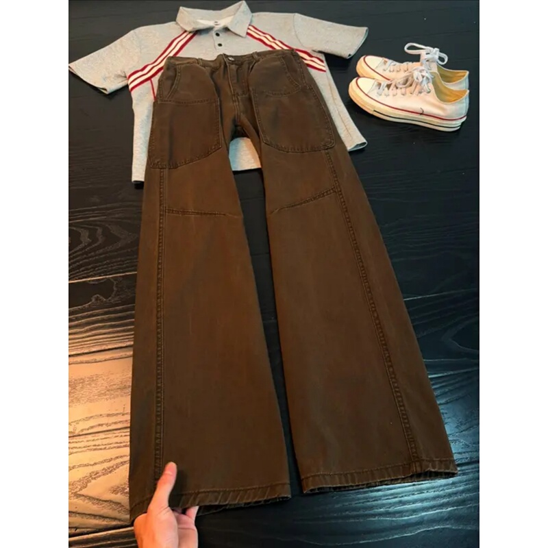 Coffee-Colored Washed Pure Cotton Workwear Jeans for Men, American-Style Pleated Scimitar Pants, Loose Wide-Leg Straight-Leg Flared Pants Coffee-Colored Washed Pure Cotton Workwear Jeans for Men, American-Style Pleated Scimitar Pants, Loose Wide-Leg Straight-Leg Flared Pants