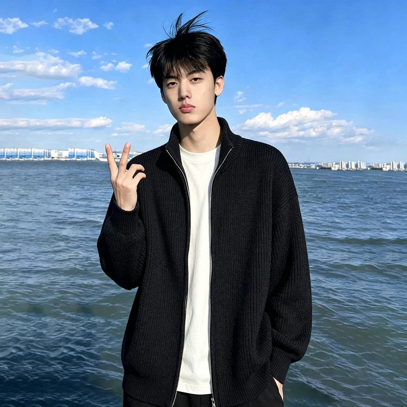 Black Stand-Up Collar Double-Zip Knit Jacket for Men, Autumn American Retro Lazy Sweater, High-End Casual Jacket Black Stand-Up Collar Double-Zip Knit Jacket for Men, Autumn American Retro Lazy Sweater, High-End Casual Jacket