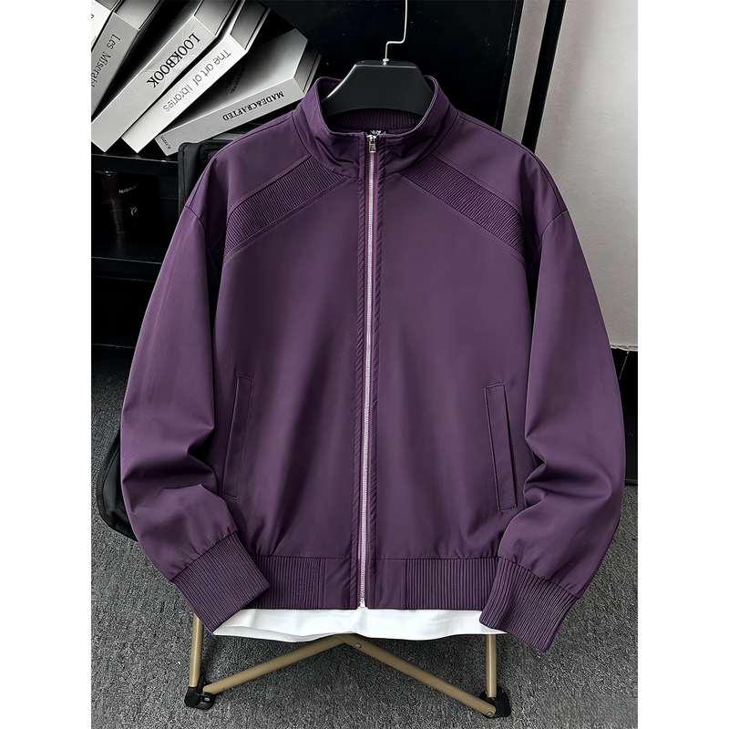 Purple American-Style Stand-Collar Flight Jacket for Men, Autumn Cool Short Baseball Jacket with Diagonal Cut, Cleanfit Workwear Coat