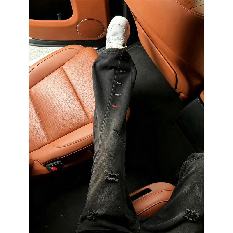 Black American-Style Ripped Jeans for Men, Summer Trendy Brand Buttonhole Embroidered Pants, Cleanfit Straight-Leg Pants