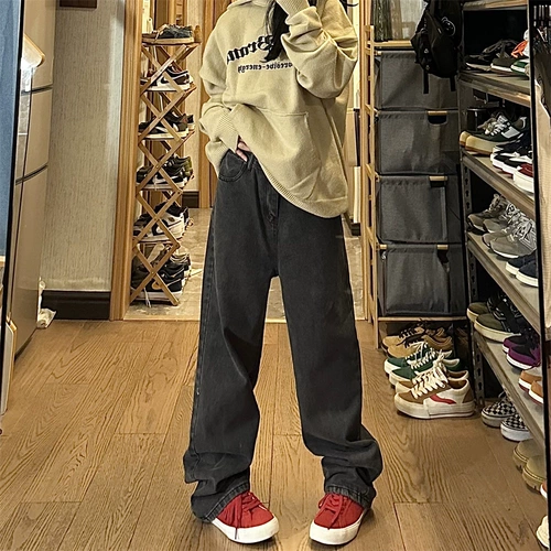 Штаны, синие джинсы, в американском стиле, свободный прямой крой