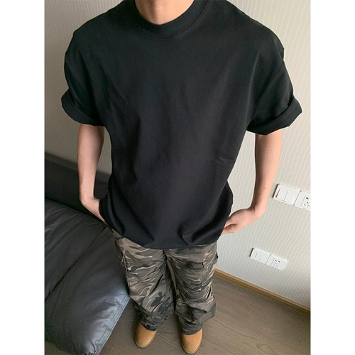 320 г серая футболка с плотным цветочным принтом на правое плечо, мужская футболка с небольшим вырезом, три иглы из чистого хлопка, с короткими рукавами, американская чистая посадка с половиной рукава