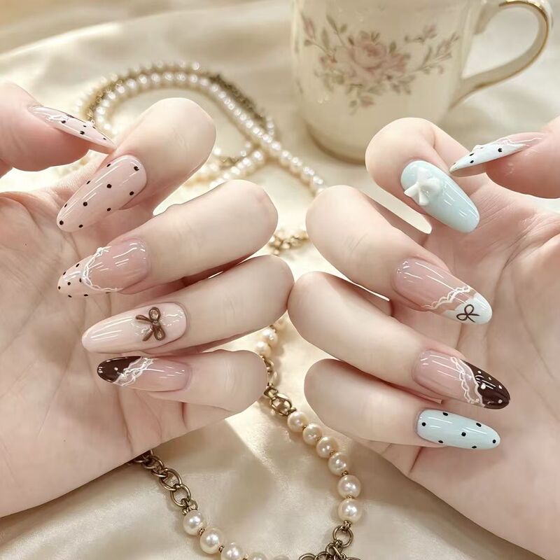 Milk Coffee Lace Nude Pink and Milk Blue Contrasting French Style Press-On Nails, Medium Length Polka Dot Bow Sweet Girl Summer Temperament Manicure Milk Coffee Lace Nude Pink and Milk Blue Contrasting French Style Press-On Nails, Medium Length Polka Dot Bow Sweet Girl Summer Temperament Manicure