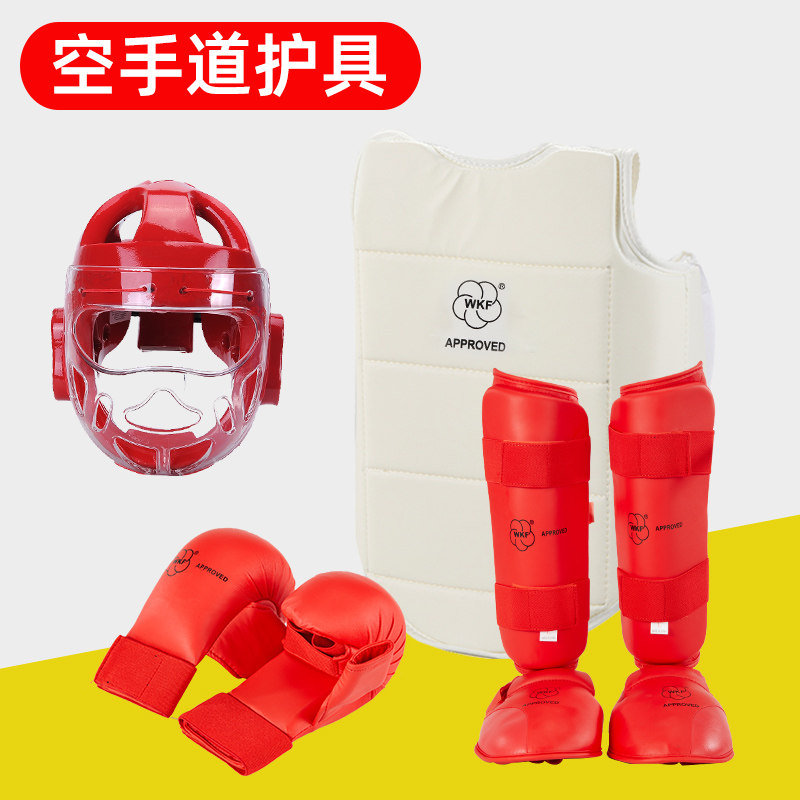 大人用と子供用の空手用胸当て、脚当て、ボクシンググローブの3点セット。プロのトレーニングと戦闘用空手防具。