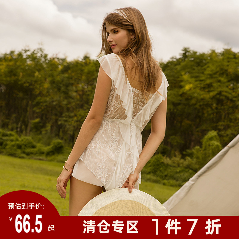 Sexy pajamas female autumn and winter transparent eyelashes lace mesh gauze ruffles holiday style bed skirt temptation nightdress