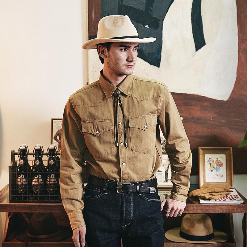 American Retro Heavy Cotton Spring and Autumn Amekaji Western Tough Guy Shirt Khaki Rl Work Shirt Men's Long Sleeve American Retro Heavy Cotton Spring and Autumn Amekaji Western Tough Guy Shirt Khaki Rl Work Shirt Men's Long Sleeve