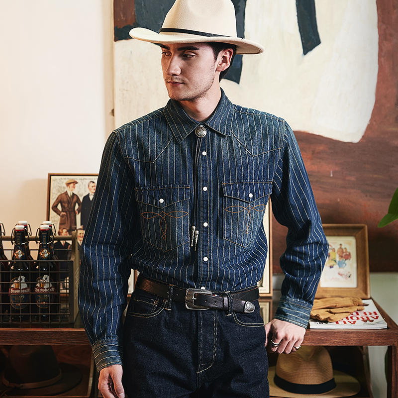 American Retro Spring and Autumn Amekaji Pure Cotton Western Denim Striped Shirt Heavyweight Rl Work Shirt Men's Long Sleeve