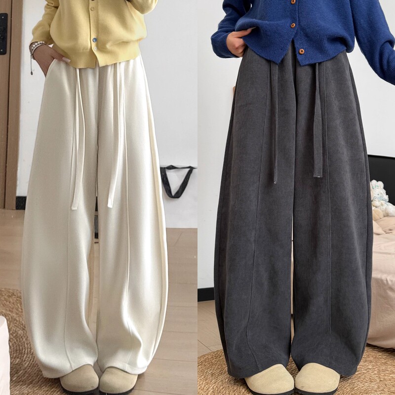 White Corduroy Scimitar Pants for Women 2025 New Autumn and Winter Fleece-Lined Casual Loose Lazy Relaxed Wide-Leg Pants