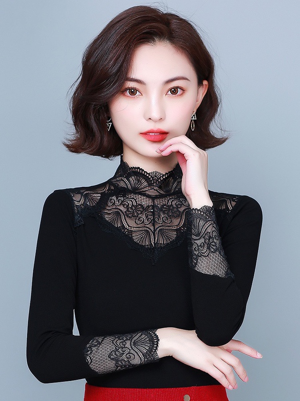 Fleece-Lined/Non-Fleece-Lined】New Autumn and Winter Plus-Size Lace Base Shirt for Women, Long-Sleeved T-Shirt, Slim-Fitting, Warm Lace Top