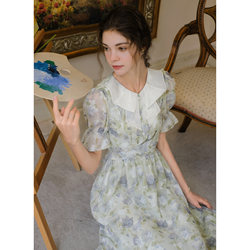 MQueen French retro palace collar Monet garden floral chiffon puff sleeve dress fairy long skirt 9032