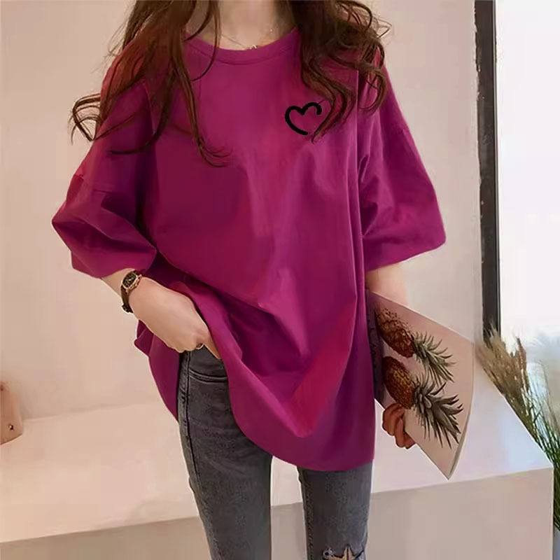 Rose Red T-Shirt for Women, New Summer Style, Plus Size Women's Half-Sleeve Top, Fat Girl Style, Hip-Covering Bottom, Missing Bottom T-Shirt ins Trendy