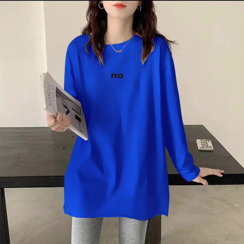 Blue Long-Sleeved T-Shirt for Women ins Trendy Korean Style Plus Size Women's Clothing Hip-Covering Stylish Age-Reducing T-Shirt Spring and Autumn Mid-Length Top