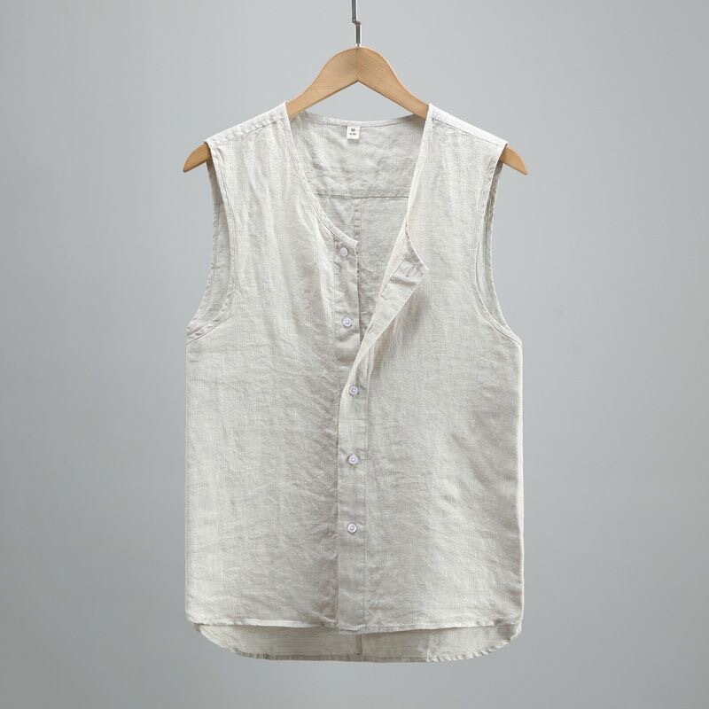 Summer Thin Pure Color Cotton and Linen Vest for Men Youth Sleeveless Retro Cotton and Linen Breathable Thin Button Style
