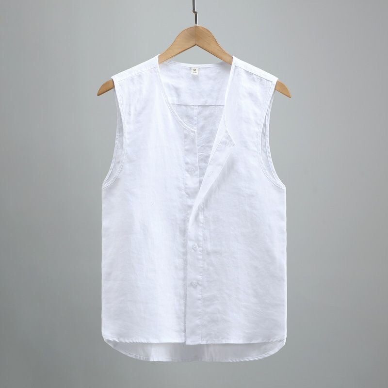 Summer Solid Color Linen Vest for Men, Youth Sleeveless Retro Cotton and Linen Breathable Thin Style with Buttons
