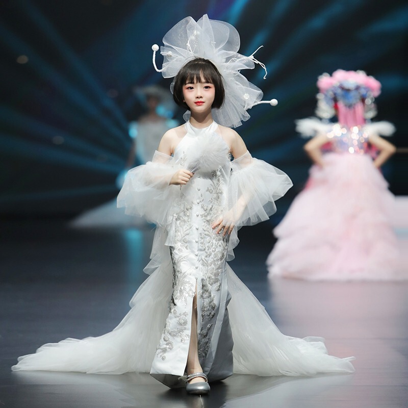 Girls' Dress for Catwalk, Chinese Style, Children's Fishtail Model, Runway Fashion Performance Outfit, Bold National Trend Princess Dress