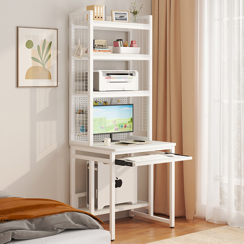 Small Desktop Computer Desk for One Person, Home Use, with Pegboard, Desk and Bookshelf Integrated, Storage for Printer, Narrow Bedside Table for Bedroom