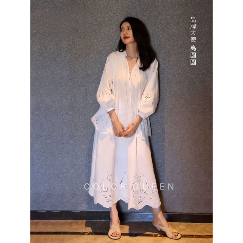 Edxse@ Co-Branded Series Heavy-Duty Hollow Embroidery French Lace-Up Loose Cotton White Shirt/Skirt/Shorts
