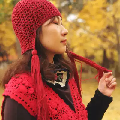 Red Mansions first dream wake up ~ Original art fan retro pure handmade hook flower nostalgic wool tassel female hat hair accessories