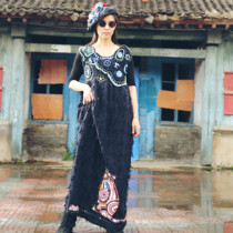 Cat and Sea ~ Qianai old embroidery original design irregular handmade crochet long jumpsuit dress artist style