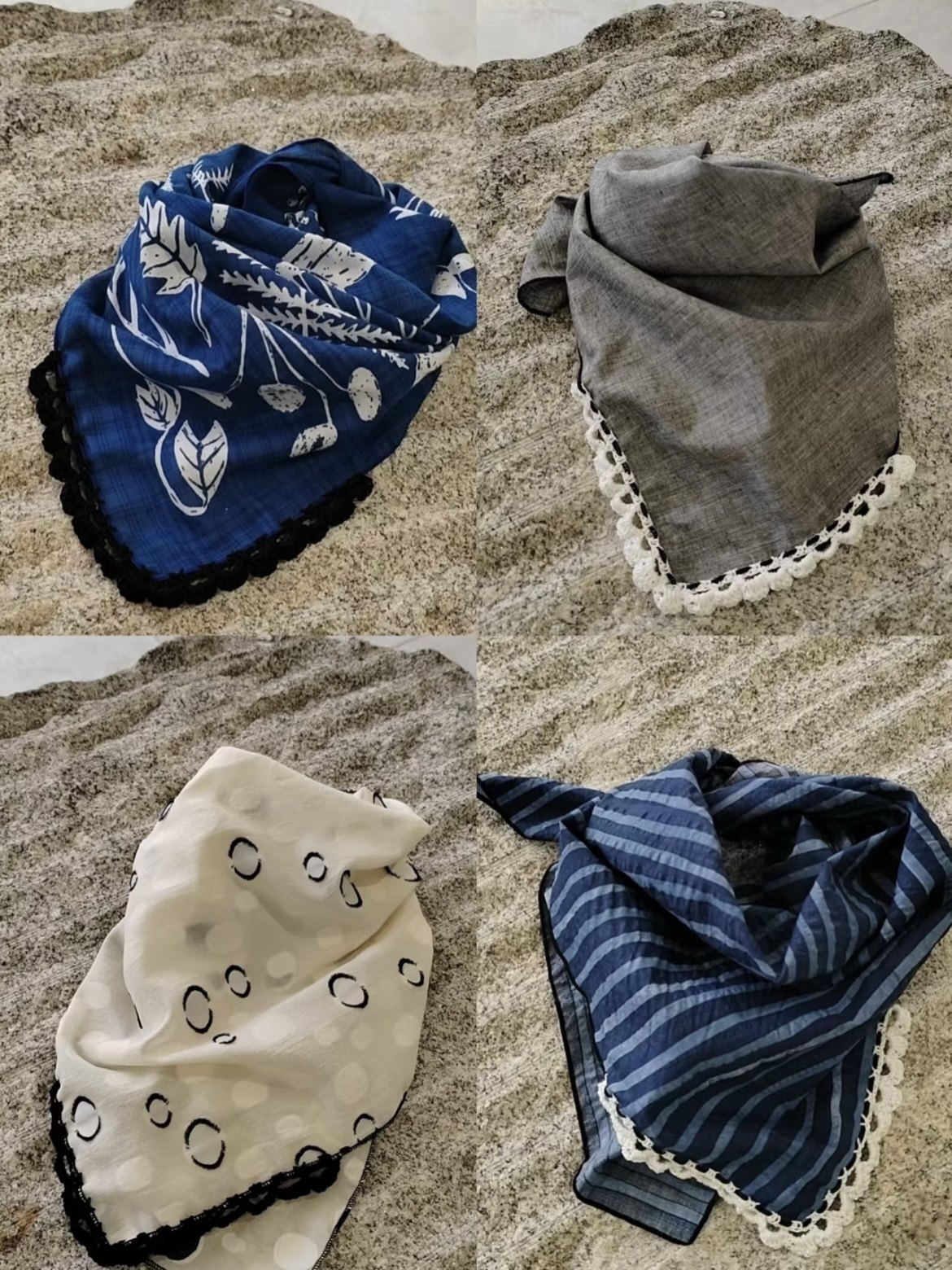 Japanese-style artistic handmade crochet thin cotton square scarf