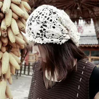 Qianai forest cherry blowing snow ~ Original literature and art fan pure handmade hollow hook flower dual-purpose female hat Collar Cotton