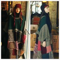 That winter~Original literature and art fan retro pure hand-knitted stitching wool line antique dress thick autumn and winter