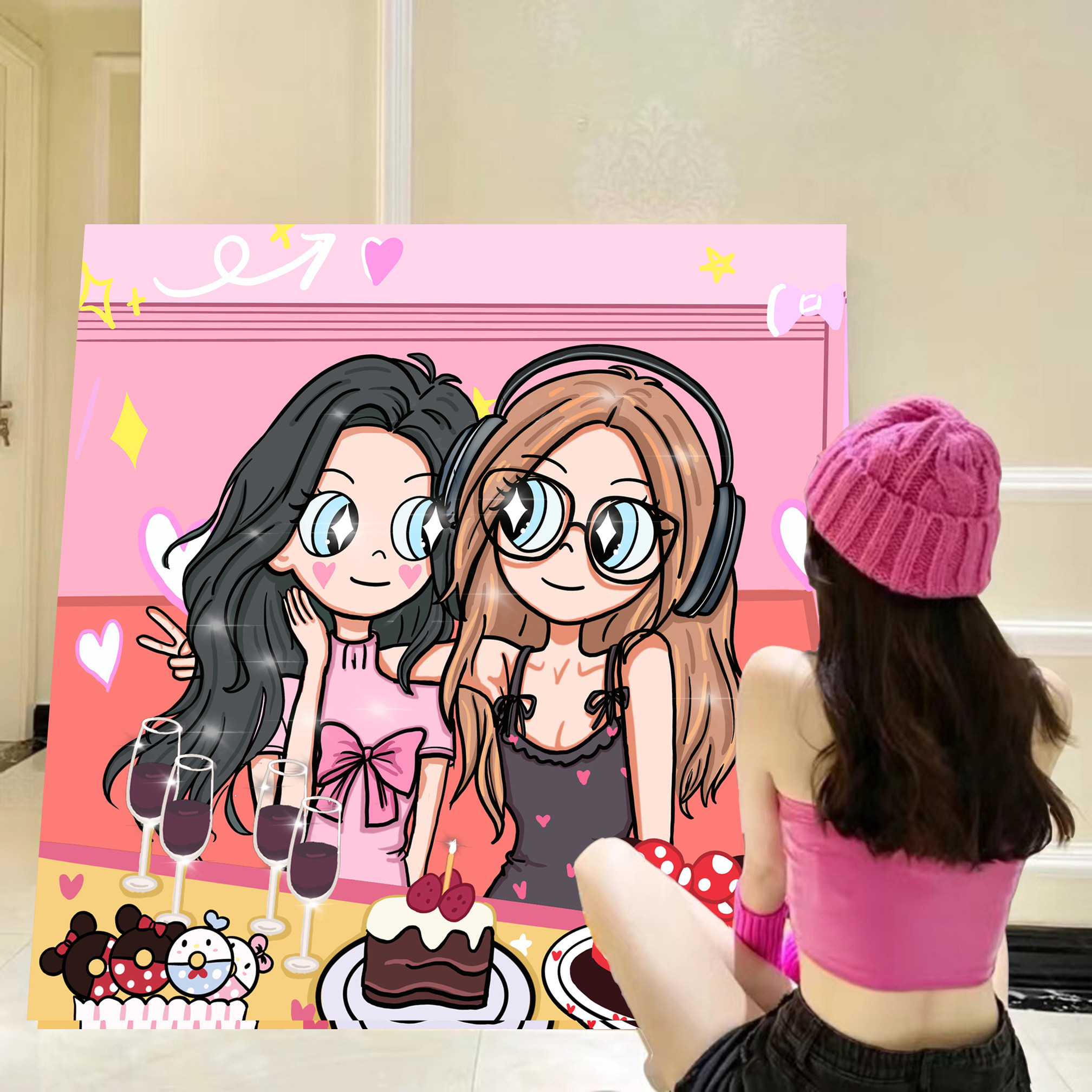 Flush head portrait hand-painted cartoon gift wedding baby photo size frameless picture frame hanging wall solid wood frame customization