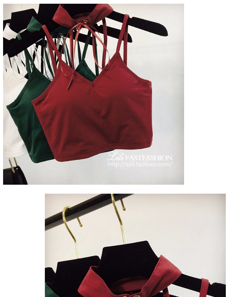 Kỳ nghỉ xuân hè gợi cảm cắt thấp quai nhỏ cổ chữ V backless Slim hộp đêm ngắn áo vest nữ treo cổ thủy triều áo voan kiểu