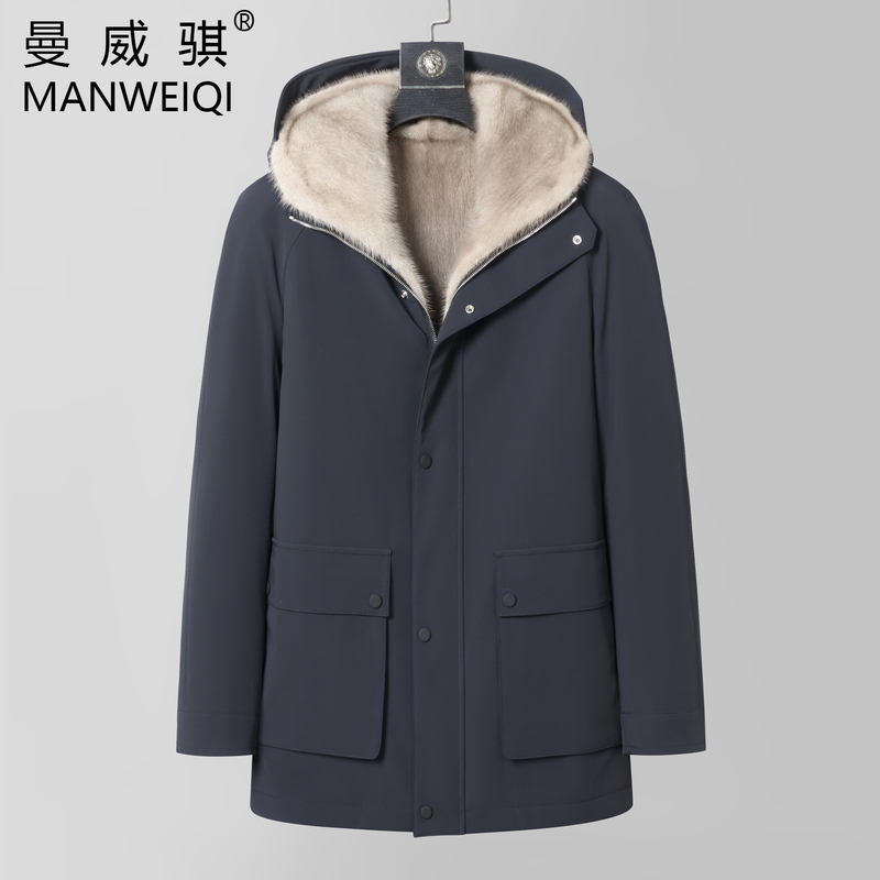2026 Haining Men's Genuine Leather Mink Lined Mid-Length Hooded Parka Full Mink Fur Winter Coat