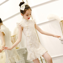 2022 Summer New Children's Cheongsam Chinese Style Girls Lace Dress Kids Western Princess Tang Thin