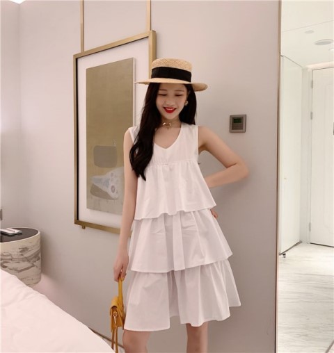 Thời trang mới của phụ nữ đơn giản, lớp bánh màu đơn giản hoang dã Thời trang giản dị V-cổ Váy chữ A váy ngắn thủy triều - A-Line Váy kiểu váy chữ a