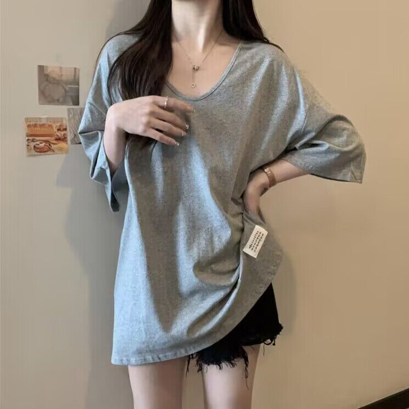 ins Super Popular Pure Cotton V-Neck Short-Sleeve T-Shirt for Women, Summer Loose Fit, Plus Size, Versatile, Slit Hem Half-Sleeve Top, Trendy