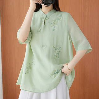 新中式国风宽松休闲轻薄立领衬衫女2026夏季新款中年妈妈刺绣上衣