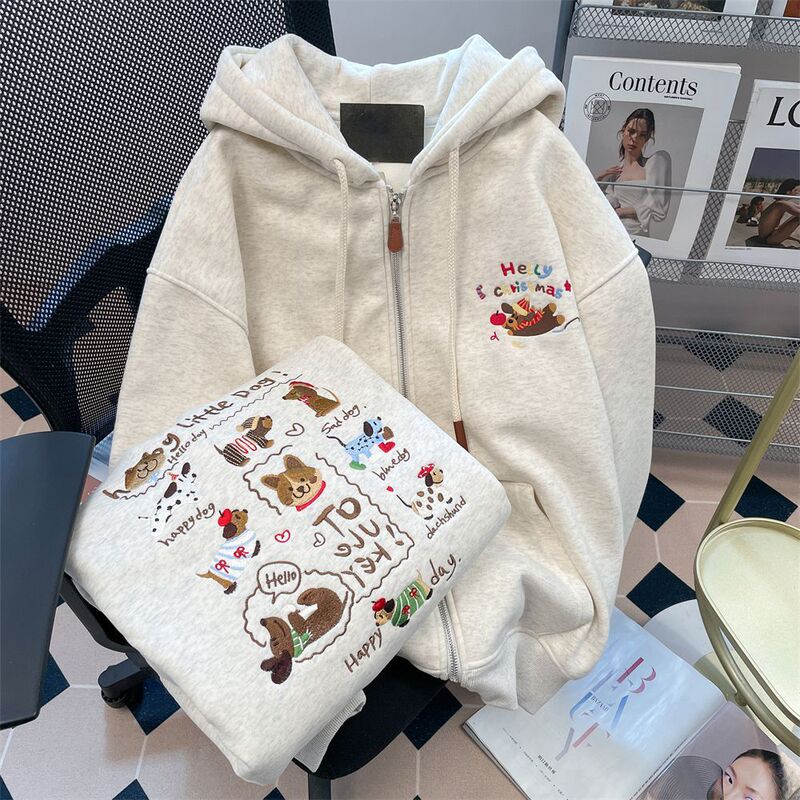 Embroidered Dachshund Dog Hoodie for Women, Fleece-Lined and Thickened, Autumn and Winter Design, Loose Cardigan with Zipper