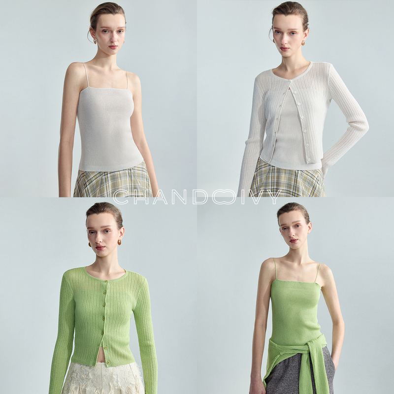 Chandooivy Gives Back to Italy with Olivo Gold-Threaded Chiffon Chao Stretch Slim-Fit Round Neck/V-Neck Cardigan/Strap Top