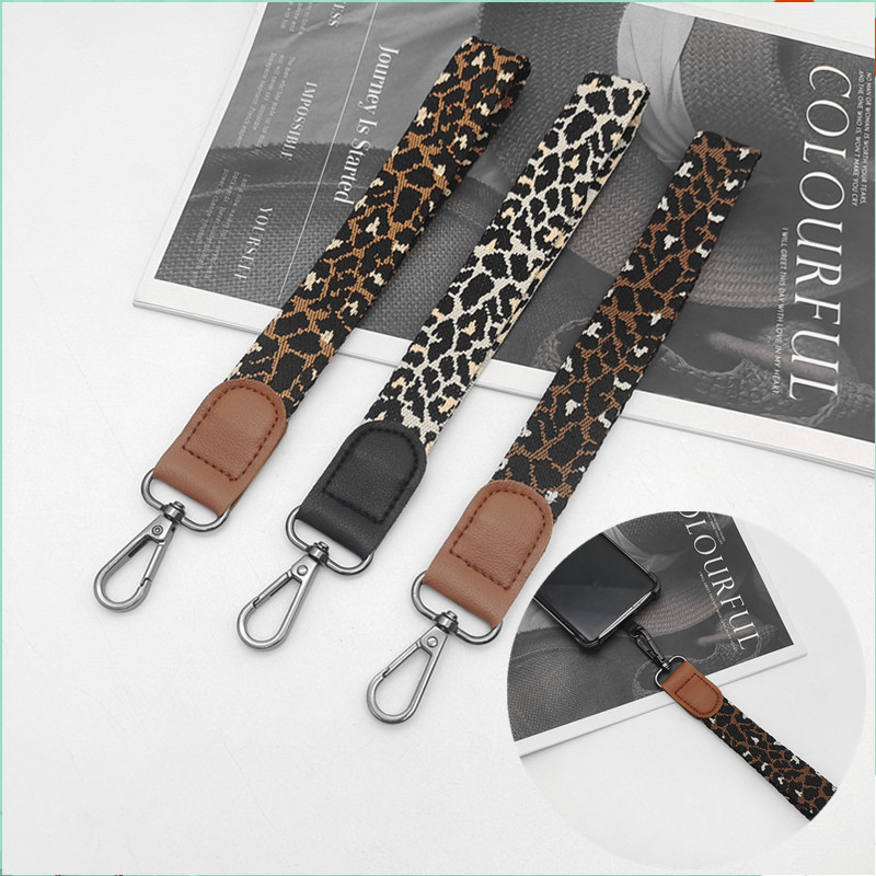Light Luxury High-End Leather Buckle Phone Lanyard Short Strap Canvas Leopard Print Wrist Strap Keychain Anti-Lost Strap