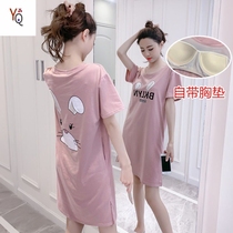  New with chest cushion sleeping dress for women Summer cotton short sleeves loose cartoon pyjamas can be worn outside the sweet student home