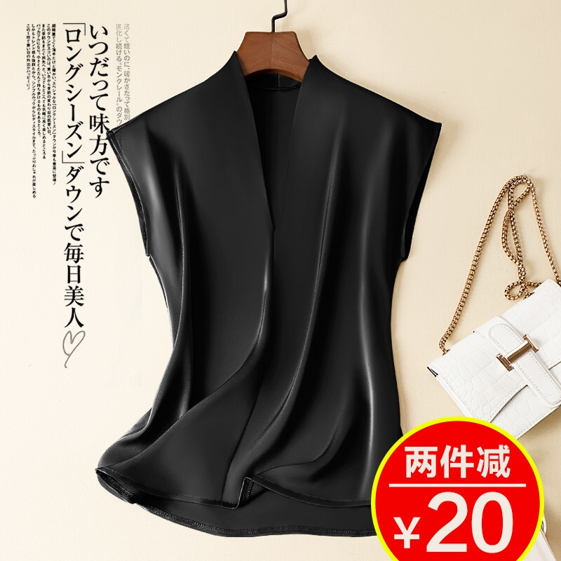 Silky Acetate Top for Women, Short-Sleeved, 2025 Summer New Style, Elegant Silk V-Neck Blouse, Stylish Loose Sleeveless T-Shirt