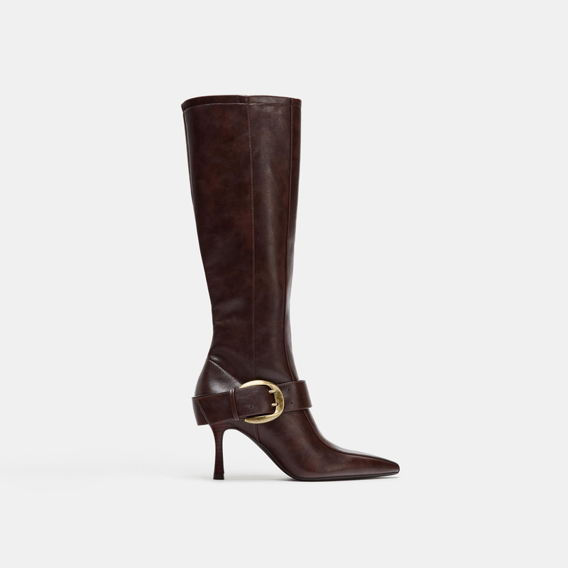 Za2025 Winter New Retro Buckle Belt Buckle Pointed Toe High-Heeled Long Boots Slimming Over-The-Knee Riding Boots