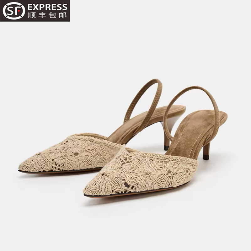 Za2026 Summer New Embroidered High-Heeled Shoes for Women, Backless Stiletto Mules, Pointed-Toe Sandals, Back Strap Slippers Za2026 Summer New Embroidered High-Heeled Shoes for Women, Backless Stiletto Mules, Pointed-Toe Sandals, Back Strap Slippers
