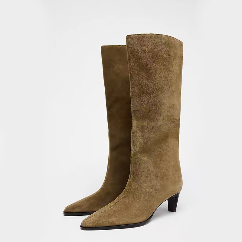 Za Women's Boots 2025 Autumn and Winter New Pointed Toe Sand Brown Retro Long Boots High-Heeled Suede Large Calf Circumference Fashion Boots