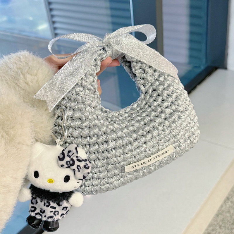 Stuuuly Handmade Silver Sparkling Bow Handbag Yarn Crochet DIY Material Kit Gift