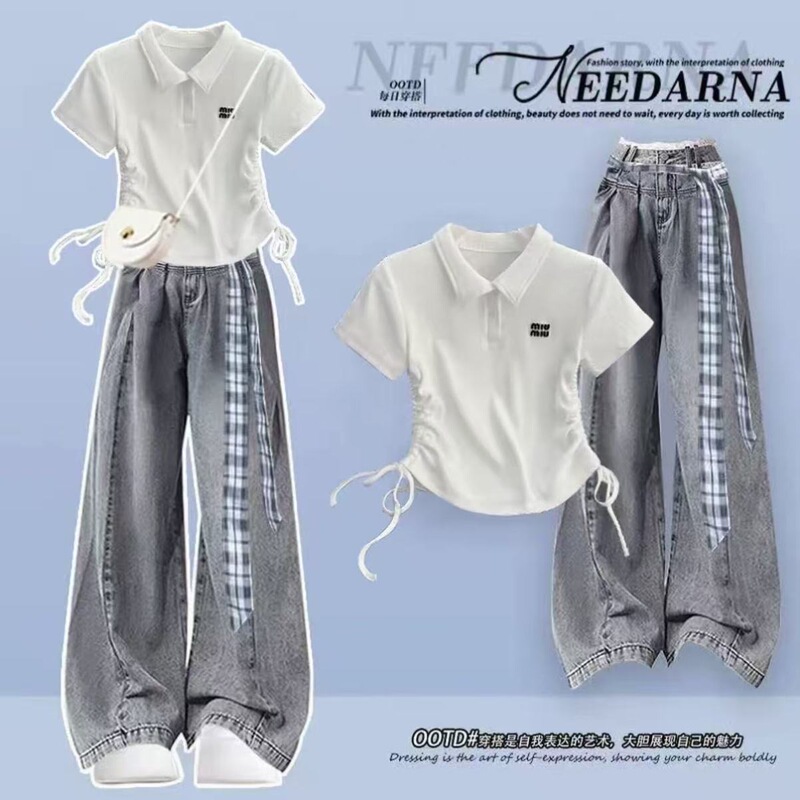 15-Year-Old Girl, 13-Year-Old Older Child, 14-17 Polo Short-Sleeve Suit, Summer Junior High School Student Jeans, Trendy Two-Piece Set